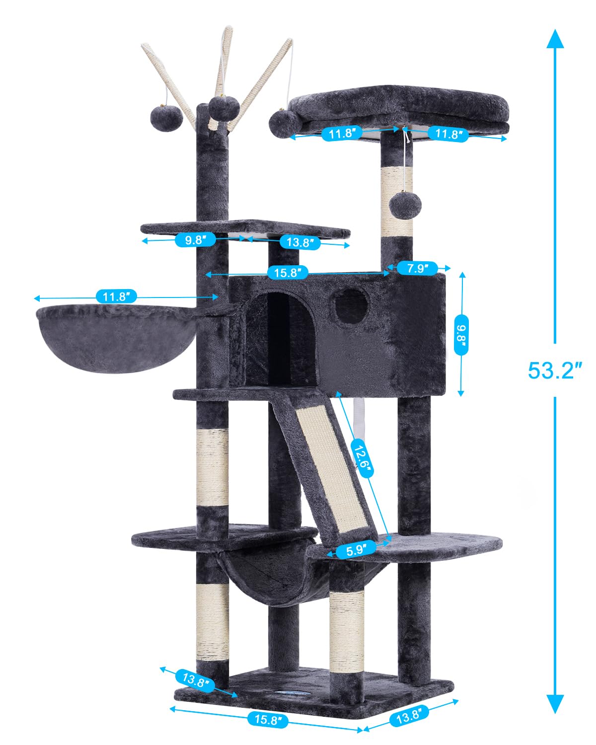 Hey-brother Cat Tree, 53 inch Cat Tower for Indoor Cats, Cat House with Padded Platform Bed, Toy Balls, Large Cozy Condo, Hammocks and Sisal Scratching Posts, Smoky Gray MPJ019-SG