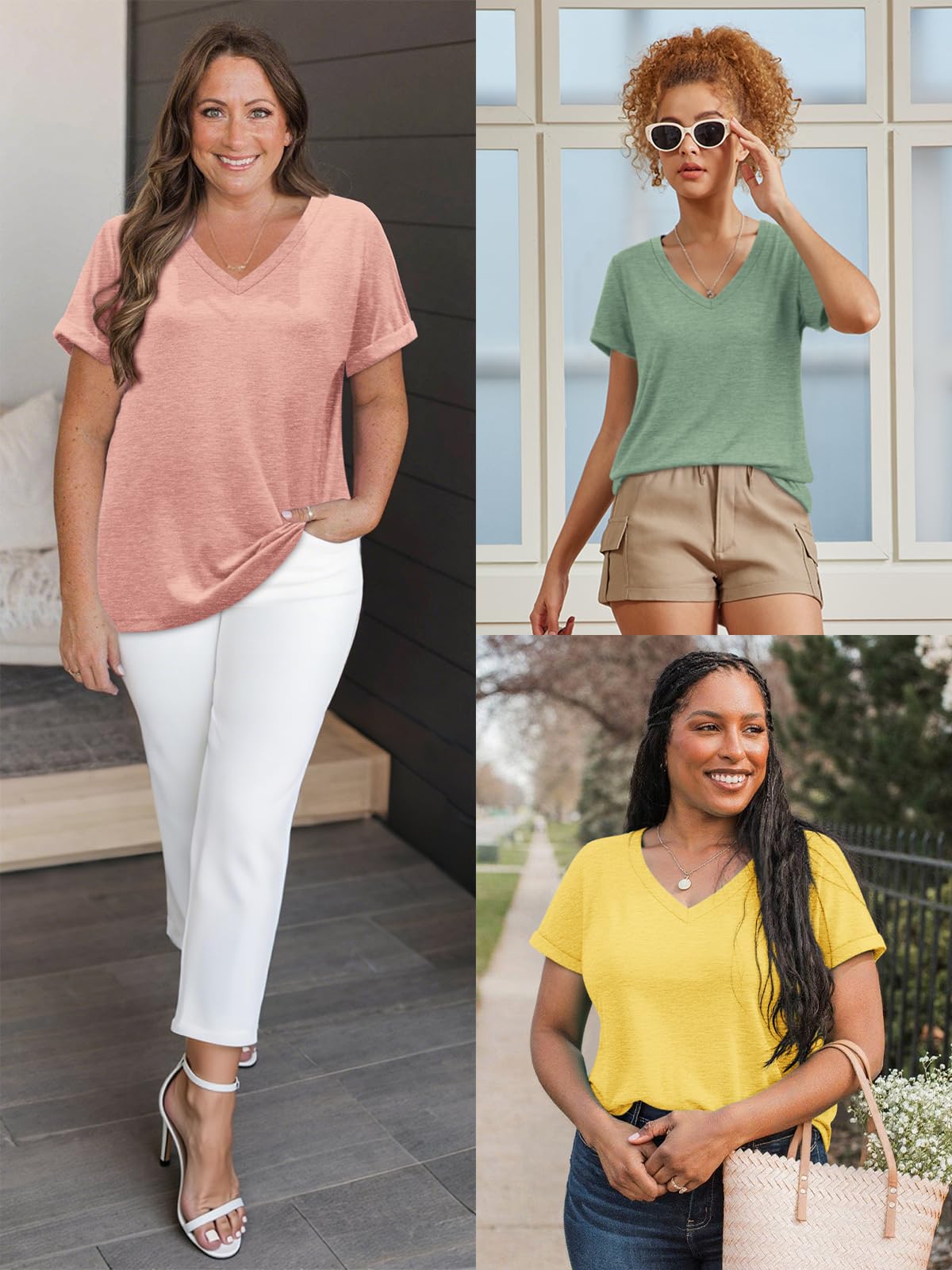 ATHMILE Womens T Shirts for Women Short Sleeve V Neck Basic Tees Tunic Tops Loose Fit Casual Summer Outfits Clothes Beach