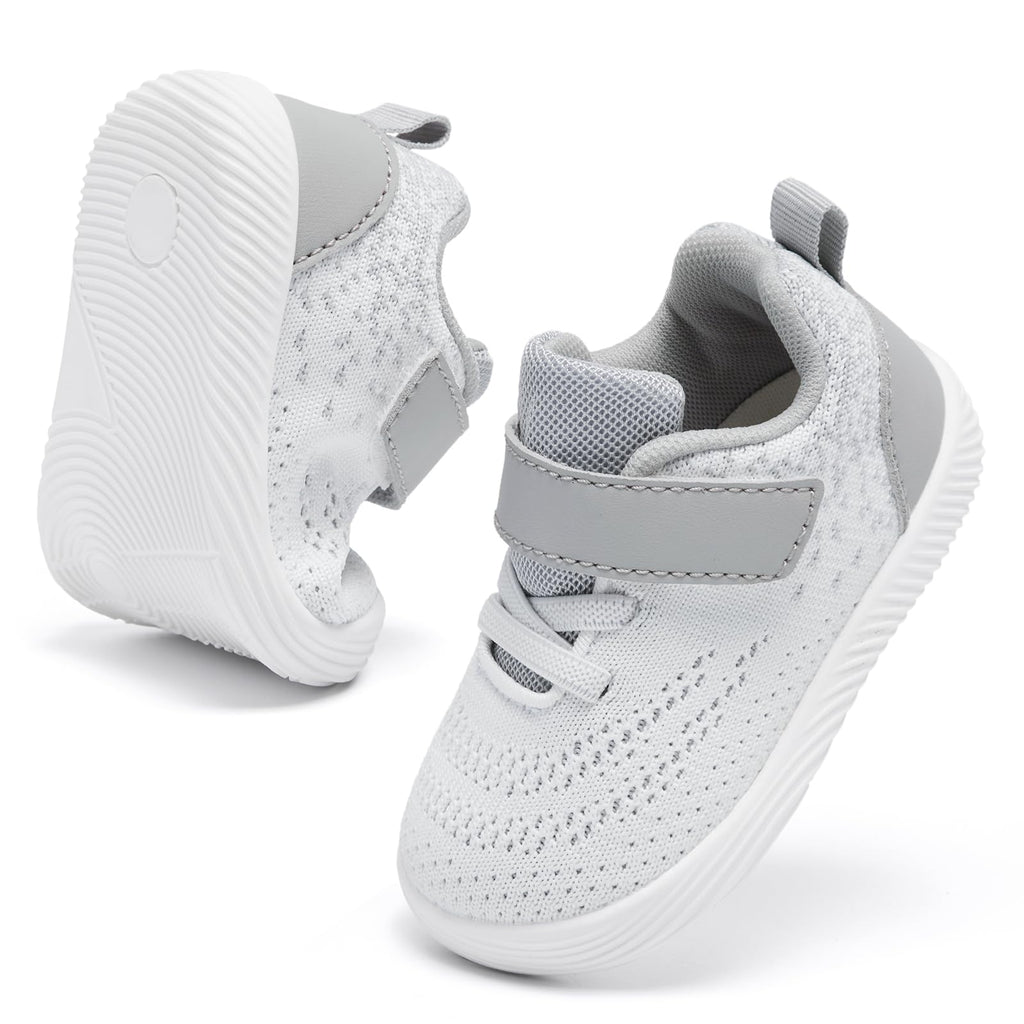 MORENDL Toddler Sneakers Baby Boys & Girls Barefoot Shoes Lightweight Breathable Walking Running Tennis Athletic Sport Shoes White Gray 6-9 Months Size 4