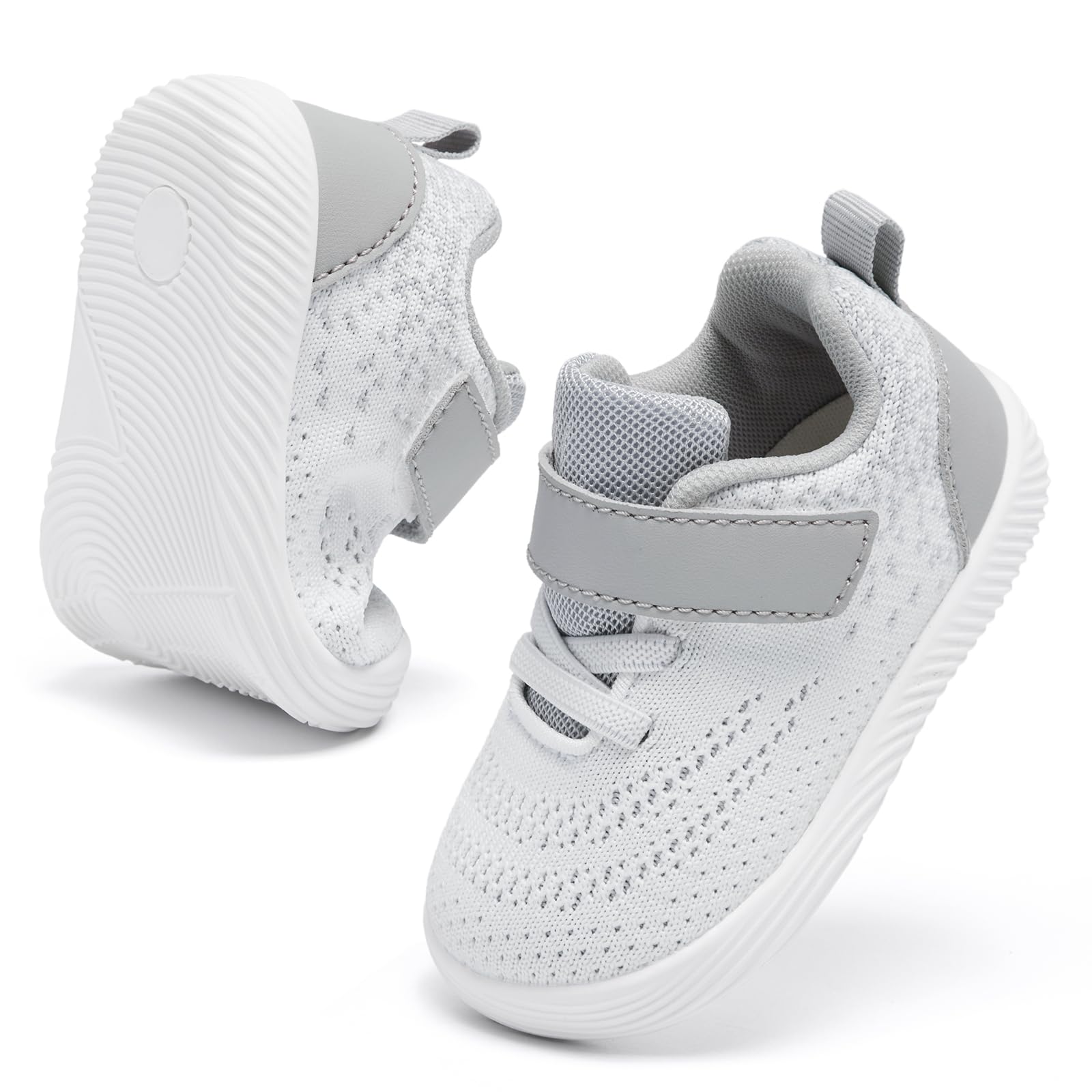 MORENDL Toddler Sneakers Baby Boys & Girls Barefoot Shoes Lightweight Breathable Walking Running Tennis Athletic Sport Shoes White Gray 6-9 Months Size 4