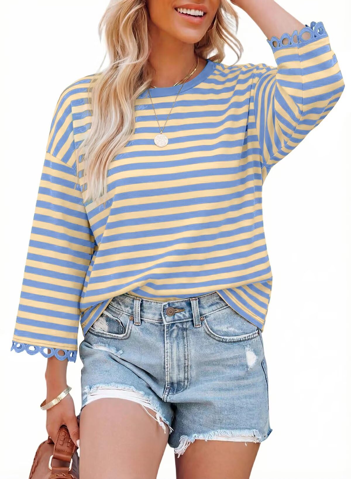 Dokotoo Women's Sweatshirt Long Sleeve Striped Oversized Sweatshirts Crew Neck Relaxed Fit Lightweight Soft Cute Casual Pullover Sweatshirt Tops Sky Blue X-Large