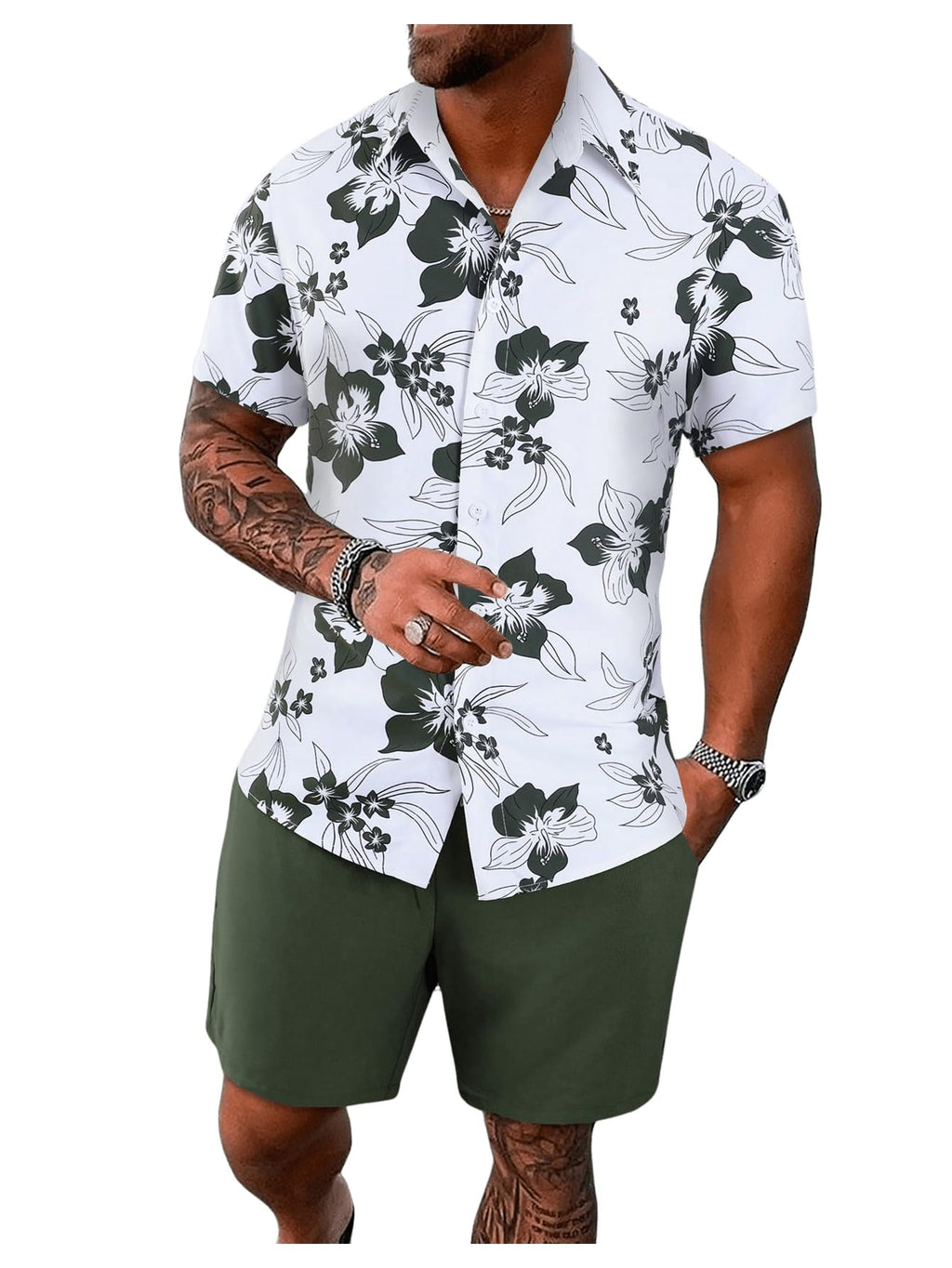 GORGLITTER Men's Vacation Beach Cruise Summer Outfits 2 Piece Shorts Set Hawaiian Button Down Shirt and Shorts Army Green X-Large