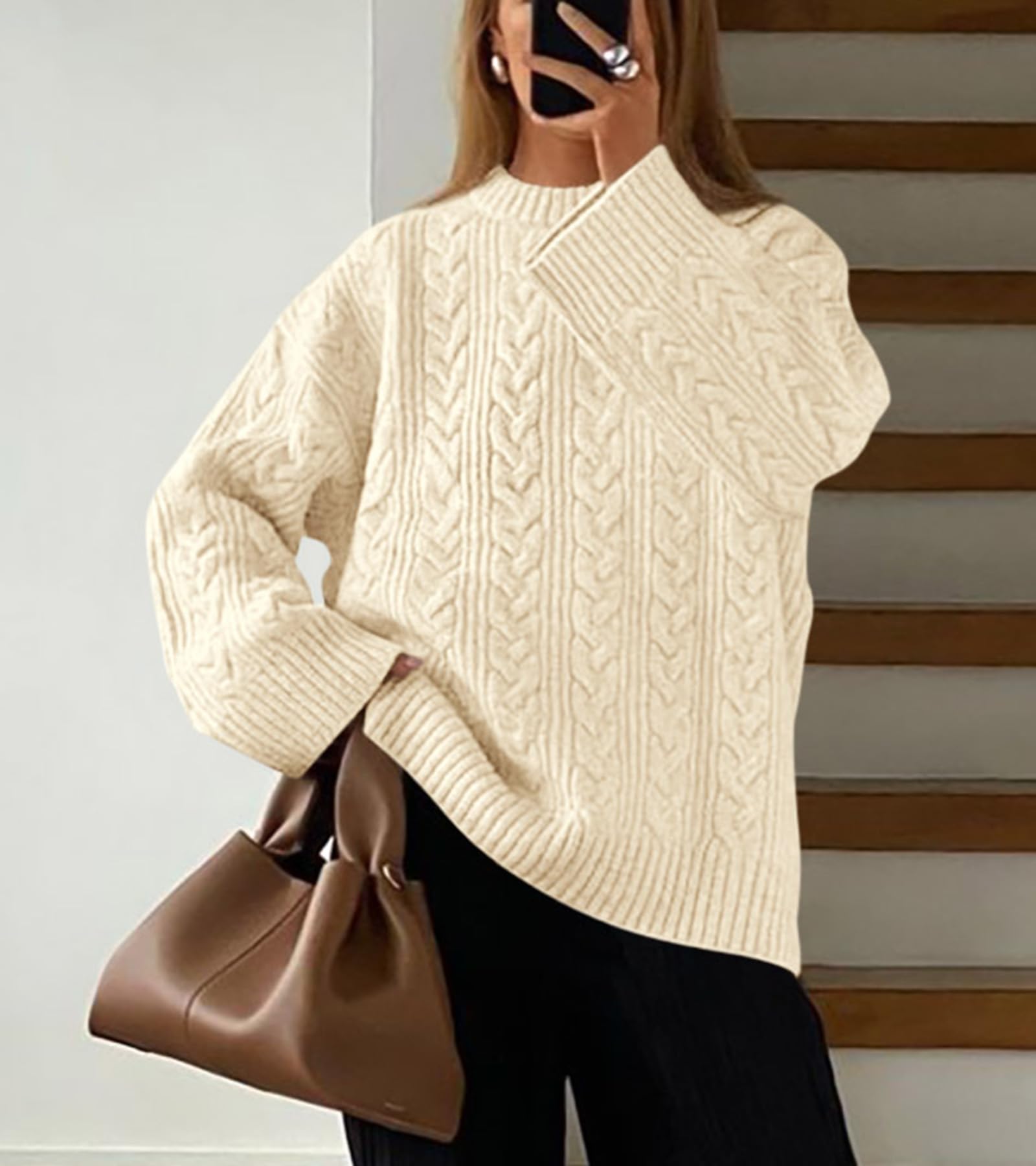Okiwam Women's Oversized Sweaters Crewneck Cable Knit Pullover Casual Loose Fall Outfits Spring Fashion Clothes 2026-M Beige White