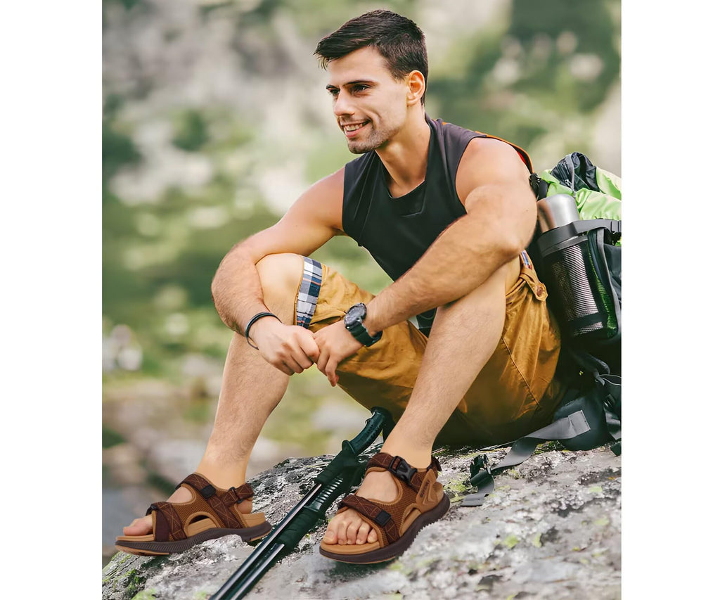 ONCAI Men's Hiking Sandals with Arch Support Mesh Athletic Walking Sandalias Summer Outdoor Cushion Thick Rubber Soles and Recovery Sports Fisherman Sandals Brown Size 10
