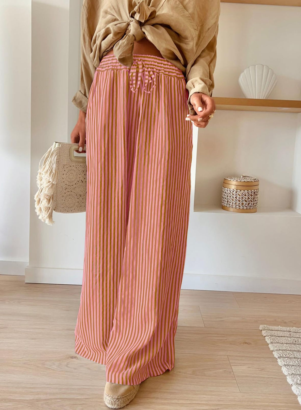 Acelitt Women Casual Striped Loose Wide Leg Pants Drawstring Elastic High Waisted 2026 Fall Fashion Relaxed Fit Beach Pants Trousers Orange Large