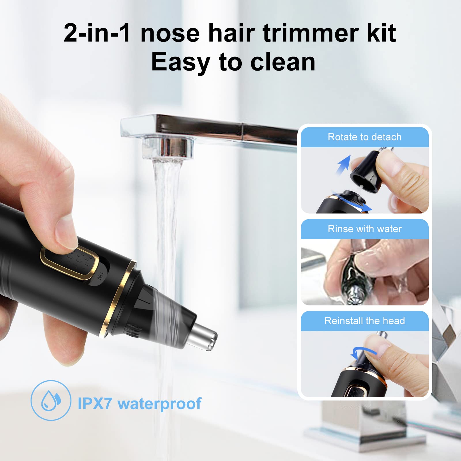 XOOMRSCP Nose Hair Trimmers for Men，Rechargeable Hair Trimmer 2 in 1 Painless Multifunctional Ear and Nose Hair Trimmer with IPX7 Waterproof Dual Edge Blades (Black)