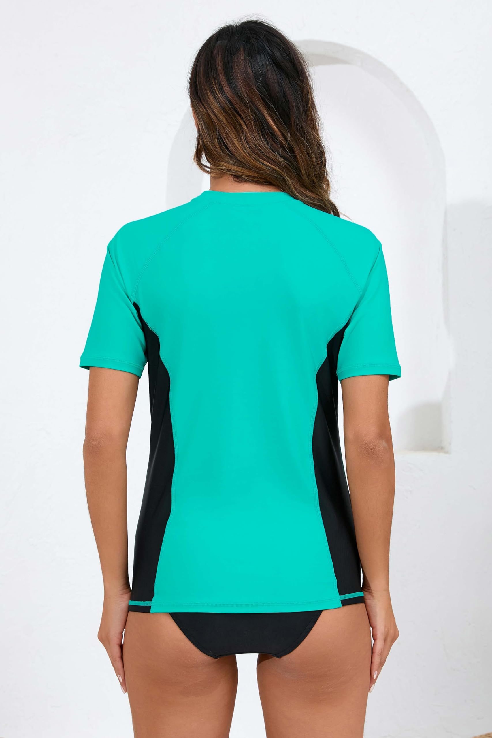 Halcurt Women's Short Sleeve Rash Guard Swimsuit Top with Built in Bra Swim Shirt UPF50+ Quick Dry Bathing Suit Turquoise Black XL