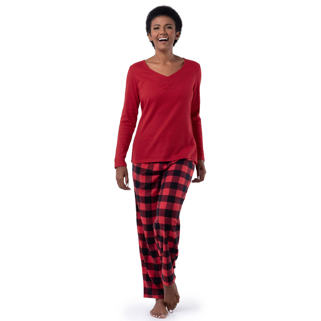Fruit of the Loom Women's Waffle V-Neck Top and Flannel Pant Sleep Set, Radiant Red/Buffalo Check, X-Large