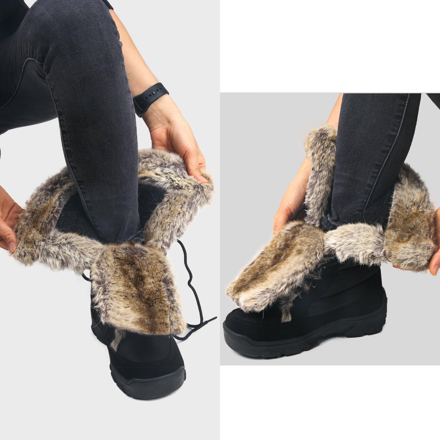 AUSLAND Women's Black Winter Snow Boots Twin Peaks Fur Cuff Mid-Calf Waterproof Lace Up Boots E7623 8US/39EU