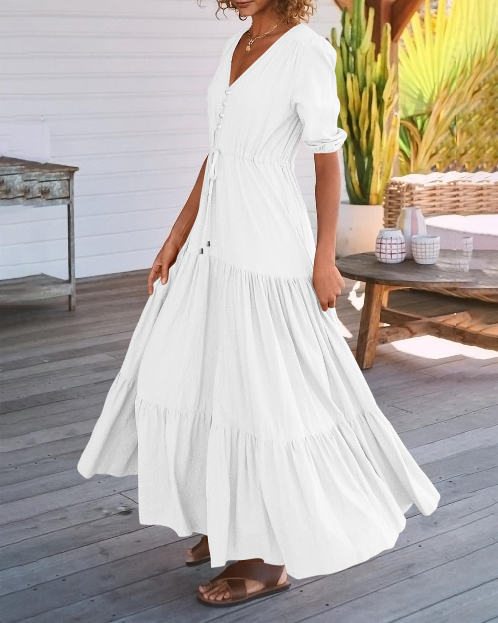 BTFBM Formal Wedding Guest Dresses for Women Summer Dresses Short Sleeve V Neck Maxi Dresses (Solid Beige White,XX-Large)