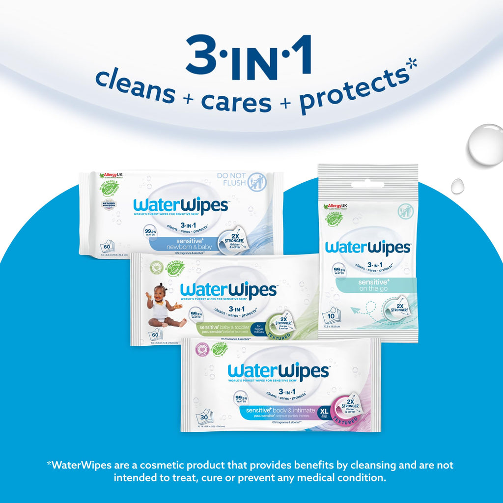 WaterWipes Sensitive+ Baby & Toddler Wipes, 180 Count (3 Packs), 3-In-1 Cleans, Cares, Protects, 99.9% Water, Textured Clean, Unscented