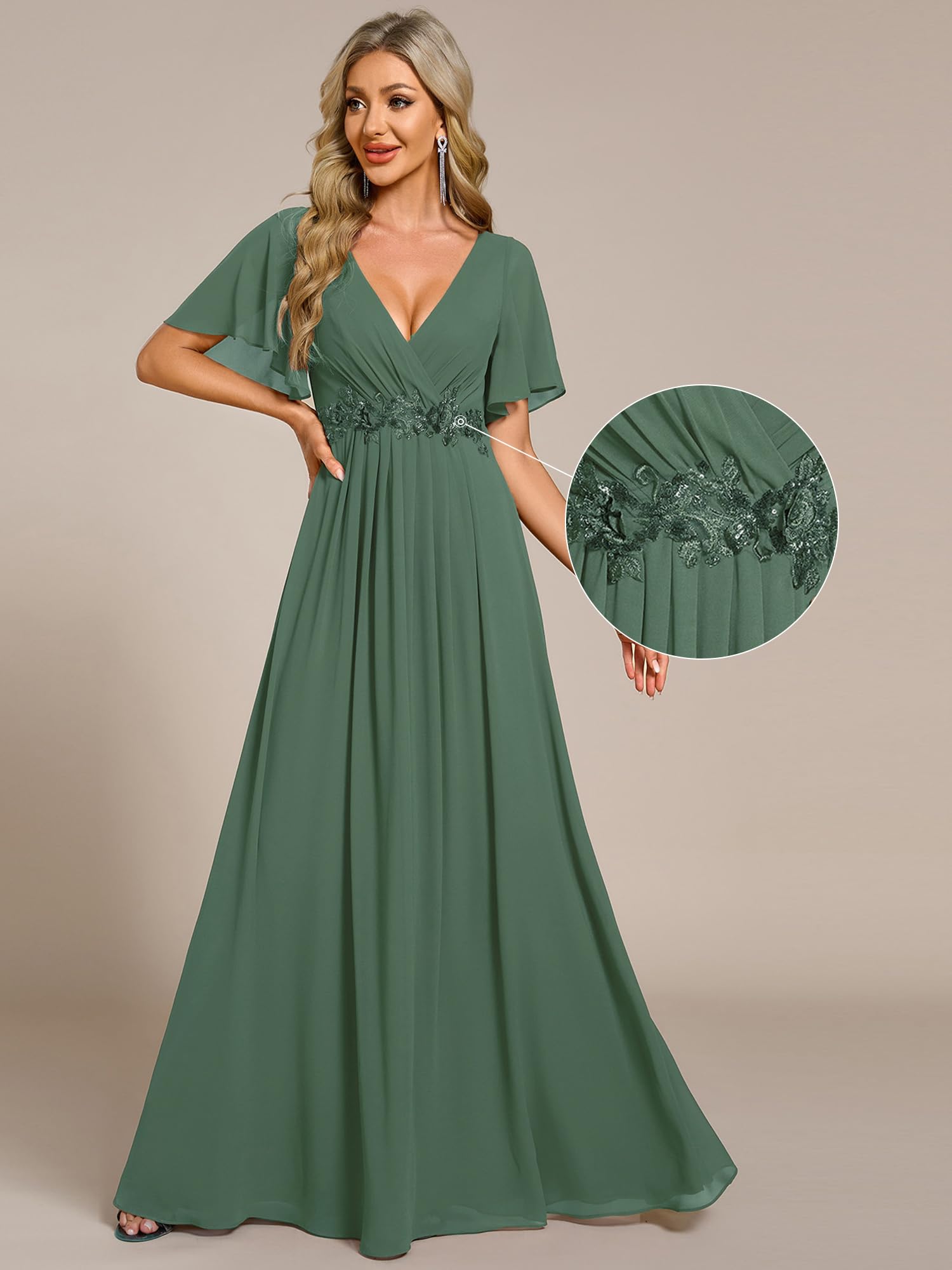 Ever-Pretty Women's Chiffon V-Neck Mother of Bride Dresses A-Line Ruched Short Sleeves Appliques Bridesmaid Dress Formal Gown Eucalyptus Green US12
