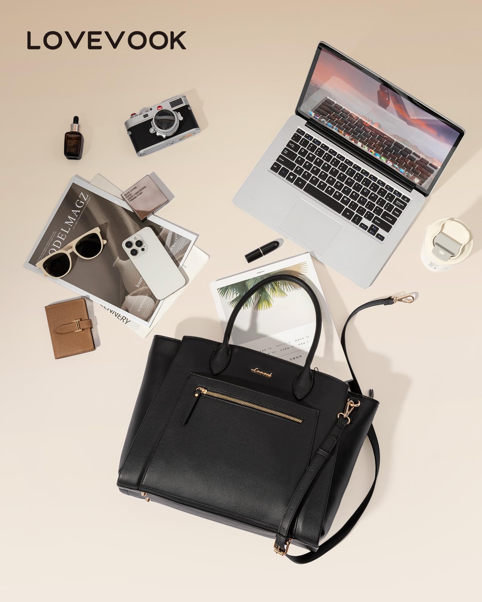 LOVEVOOK Laptop Tote Bag for Women, 15.6 Inch Large Capacity Work Bags Briefcase Purse with Multiple Pockets & Large Bottle Holder, Vegan Leather Business Office Computer Bag for Teacher