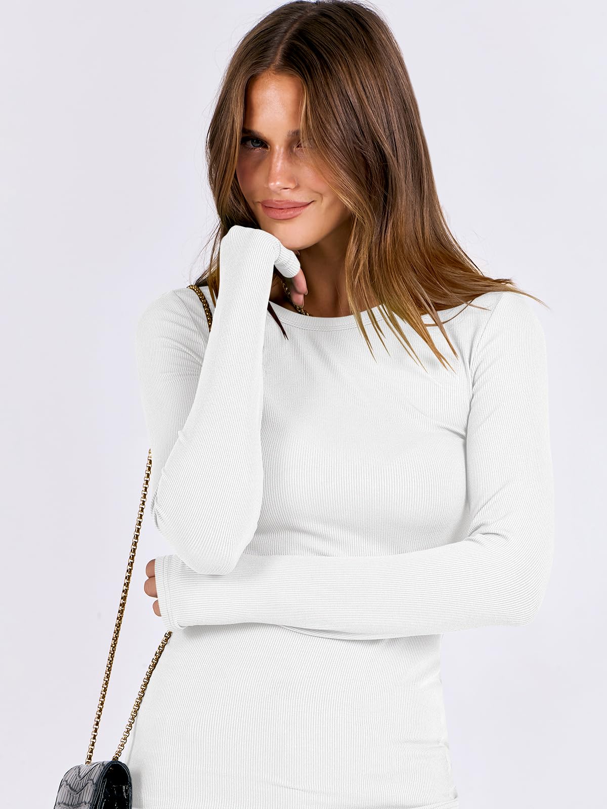 ANRABESS Women Long Sleeve Shirts Rib Knit Slim Fit Tops Basic Tee Spring Outfits Casual T-Shirt Underscrubs Layer Clothes White X-Large