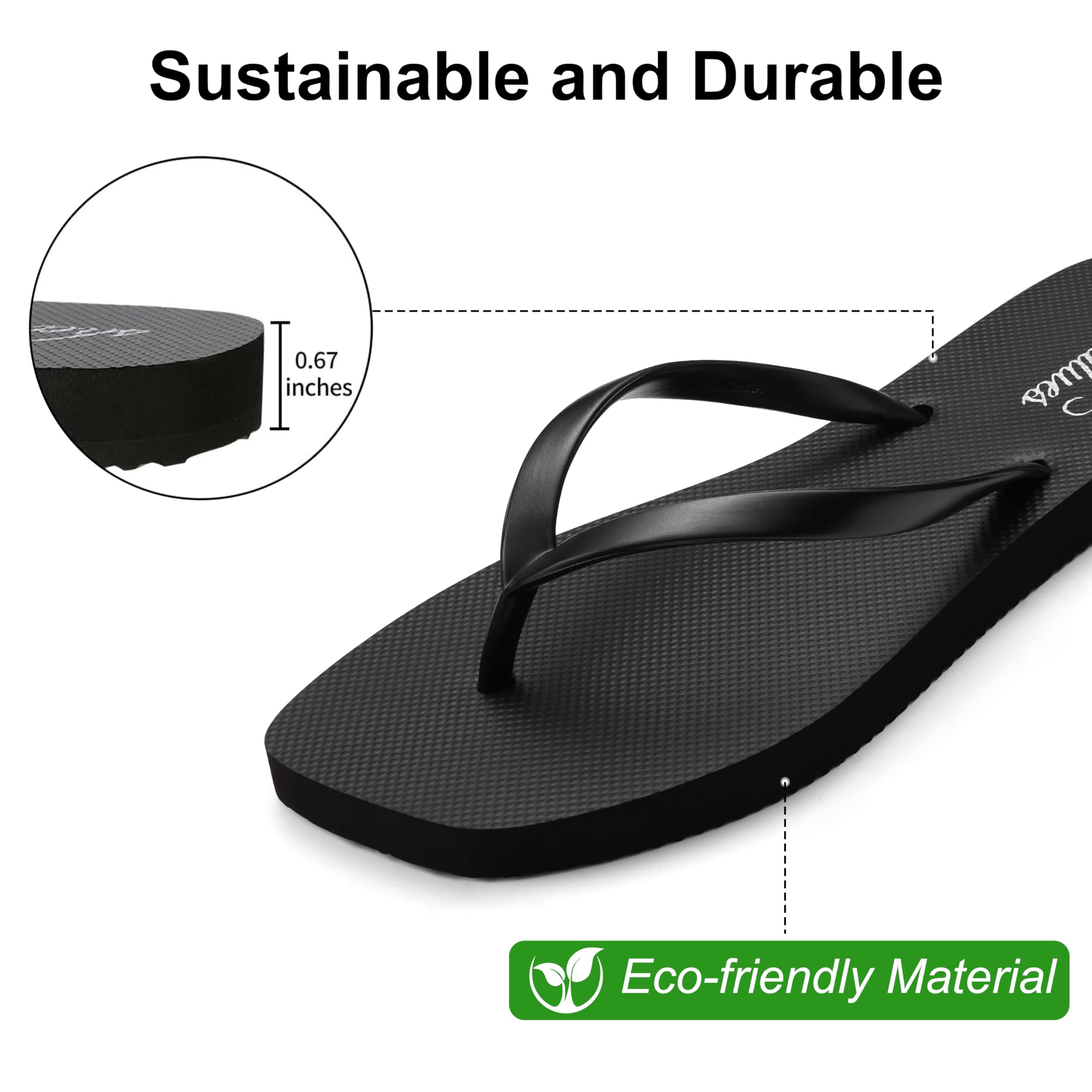 shevalues Women's Slim Square Toe Flip Flops Comfortable Summer Rubber Thong Sandals for Beach, Shower & Pool, Black, EU39