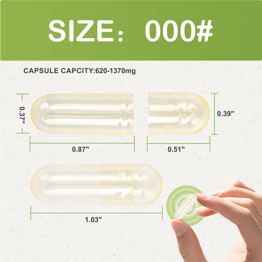 VGTPC Size 000 Empty Vegetarian Capsules, (1000 Count) Vegan Clear Fillable Veggie Pill Capsules for DIY Supplement Filling