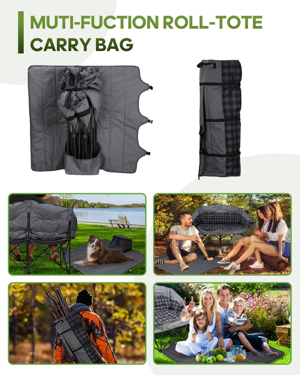Double Camping Chair Padded Loveseat Camping Couch, Oversized 2 Person Camp Chairs with 2 in 1 Carry Bag, Heavy Duty Folding Lawn Chair Sofa with Cup Holders for Adults Patio Backyard Beach, Gray