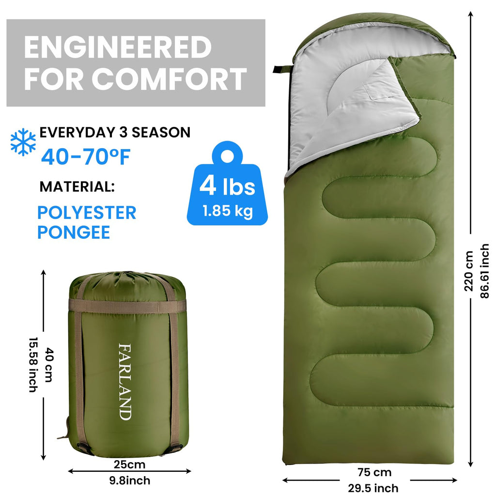 FARLAND Sleeping Bags for Adults, 3 Season Warm & Cool Weather, Lightweight Camping Sleeping Bag for Kids Family Camping Essentials with Compression Sack for Hiking
