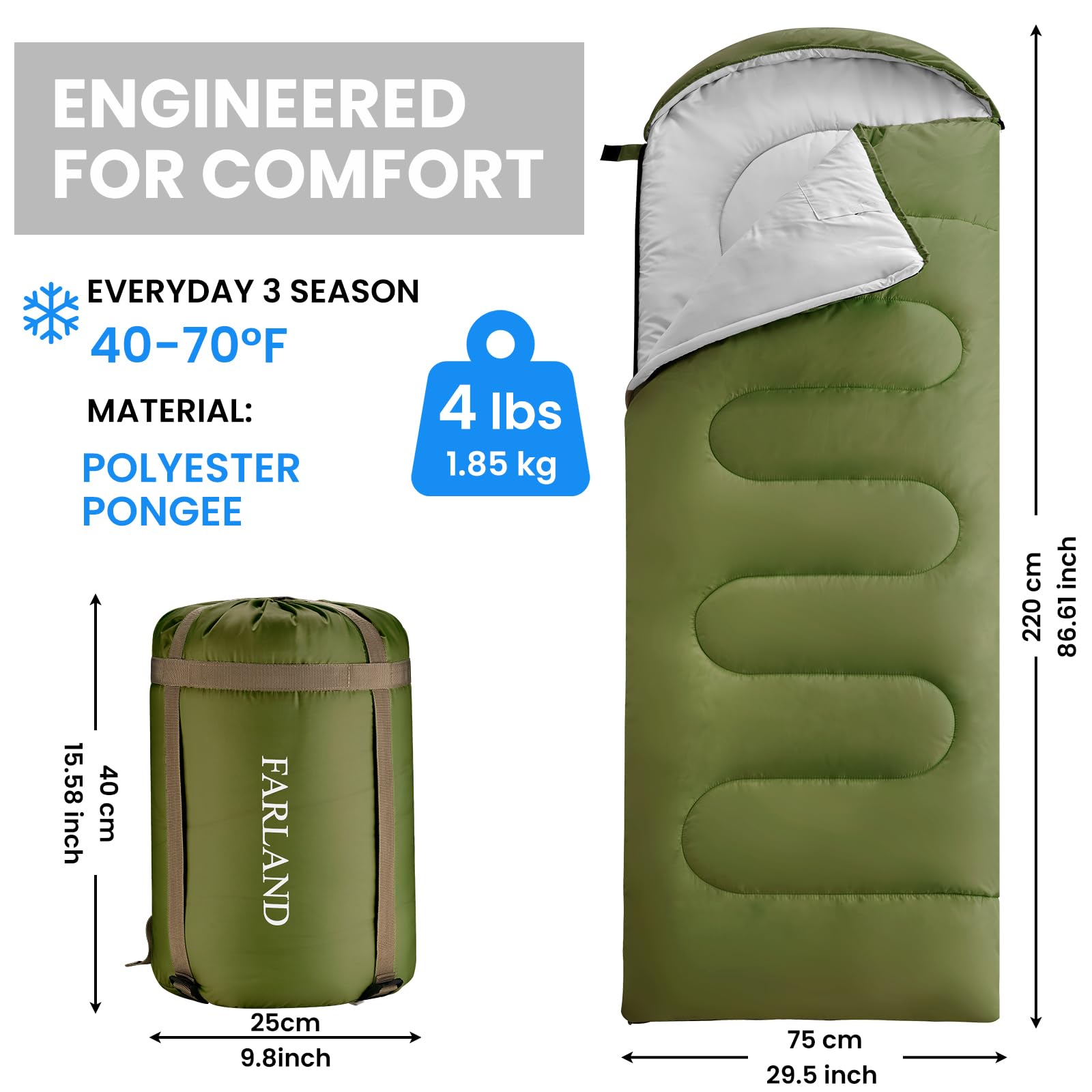 FARLAND Sleeping Bags for Adults, 3 Season Warm & Cool Weather, Lightweight Camping Sleeping Bag for Kids Family Camping Essentials with Compression Sack for Hiking