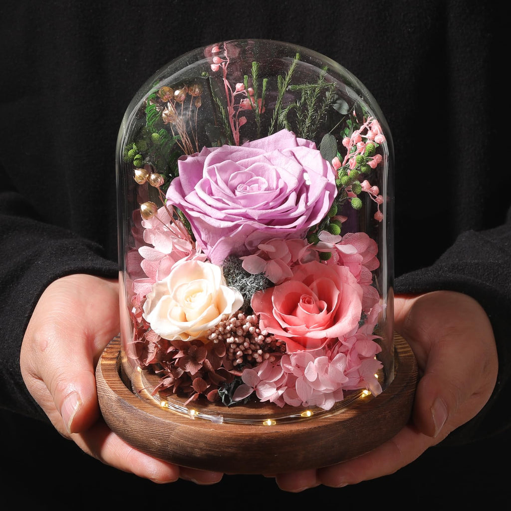 LOVENFOLD Flowers for Delivery Preserved Flowers lilac Roses with LED Light in a Glass Dome,Long Lasting Forever Flowers Birthday Gifts for Women Daughter Mom Wife Friend（lilac Rose）