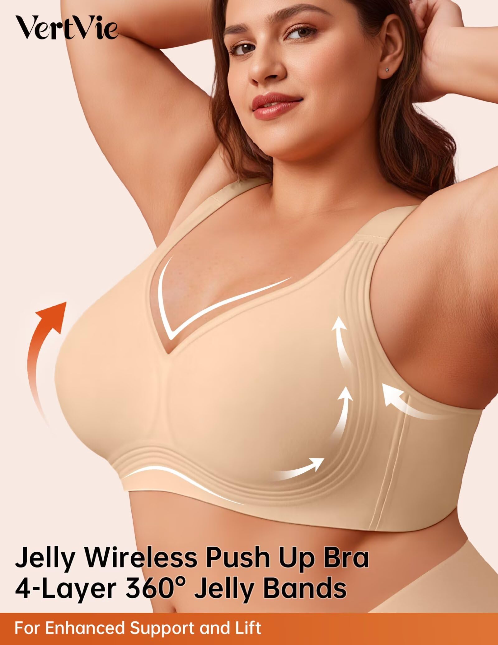 Vertvie Jelly Bras for Women Plus Size Minimizer Soft Wireless Push Up Bra Full Supportive Older Lift Back Coverage Bralette(Skin,38DD)