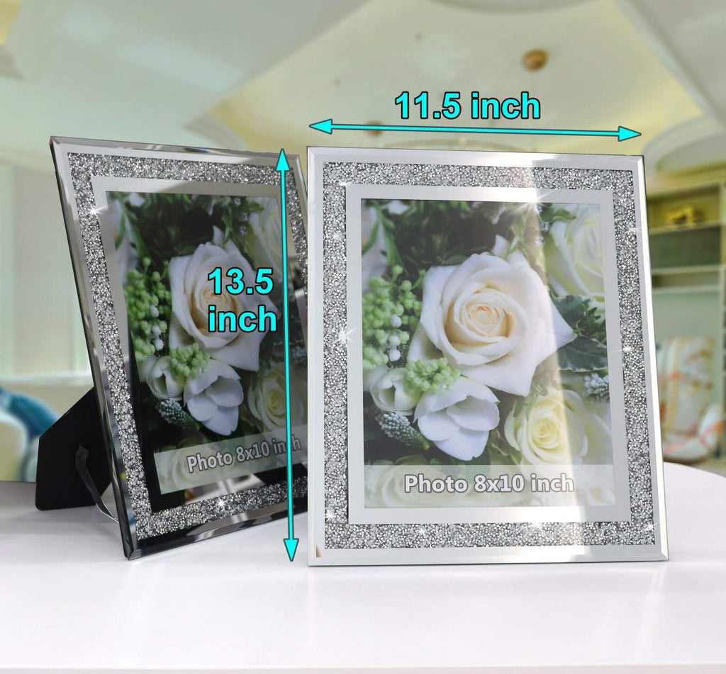 Crushed Diamond Wedding Mirror Photo Frame, Crystal Silver Glass Picture Frame For Photograph Size 8x10 inch, Pack of 2 Pieces, table top Stand frame & Wall Frame. Bling Sparkle Crushed Diamond Home