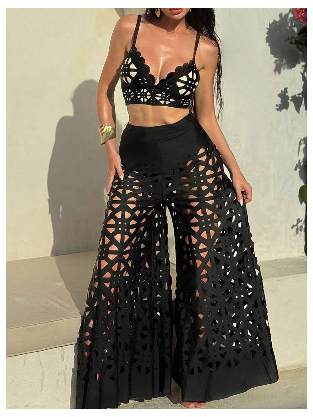 WDIRARA Women's 3 Piece Swimsuit Hollow Out Bikini Set with Cover Up Pants Black X-Large
