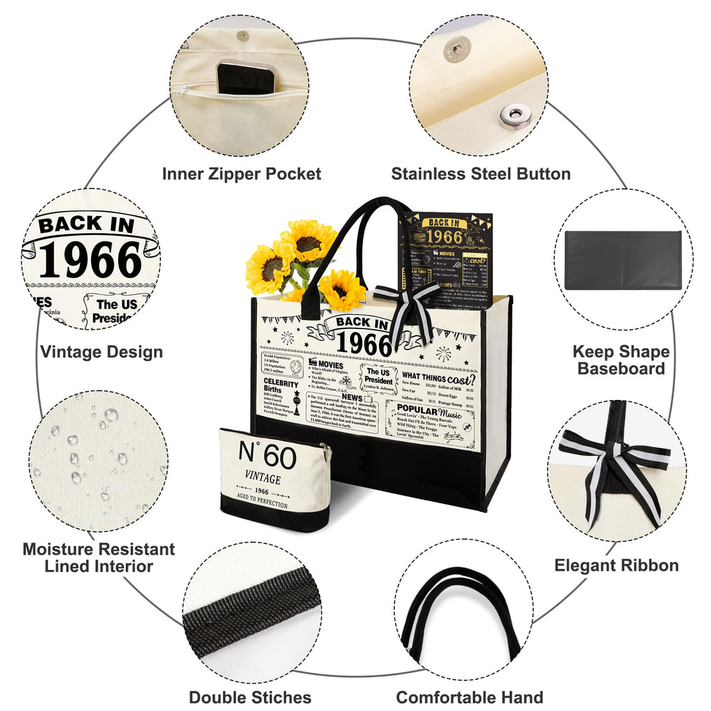 YeohJoy 60th Birthday Gifts for Women Canvas Tote Bag Travel Gear, Unique 60 Years Old Gifts for Wife Mom Sister Aunt Friends Her, Vintage N°60 Handbag & Cosmetic Bag & Back in 1966 Poster