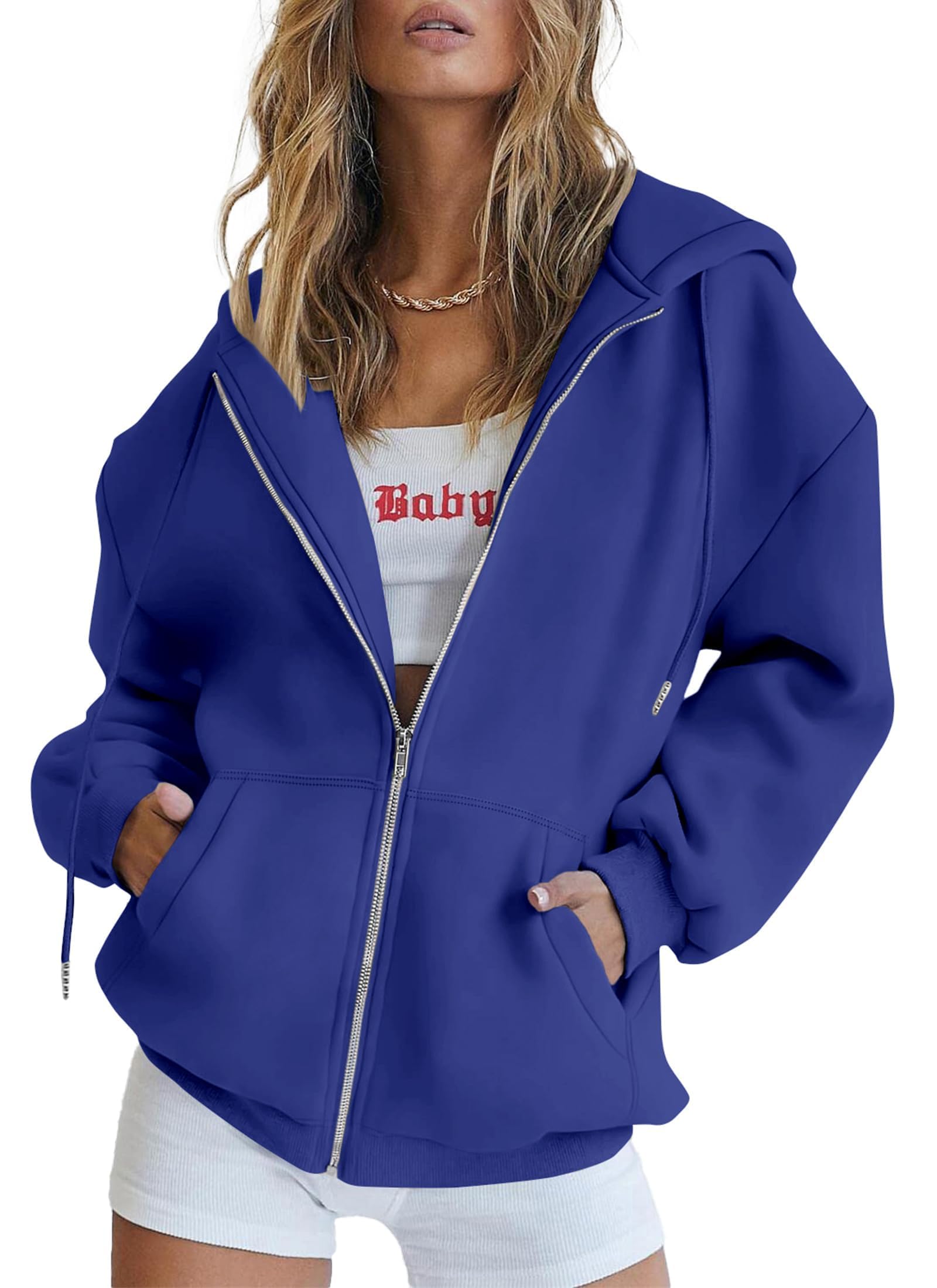 PRETTYGARDEN Women's 2026 Spring Zip Up Y2K Hoodies Casual Long Sleeve Sweatshirts Fall Winter Track Jackets with Pockets (Royal Blue,X-Large)