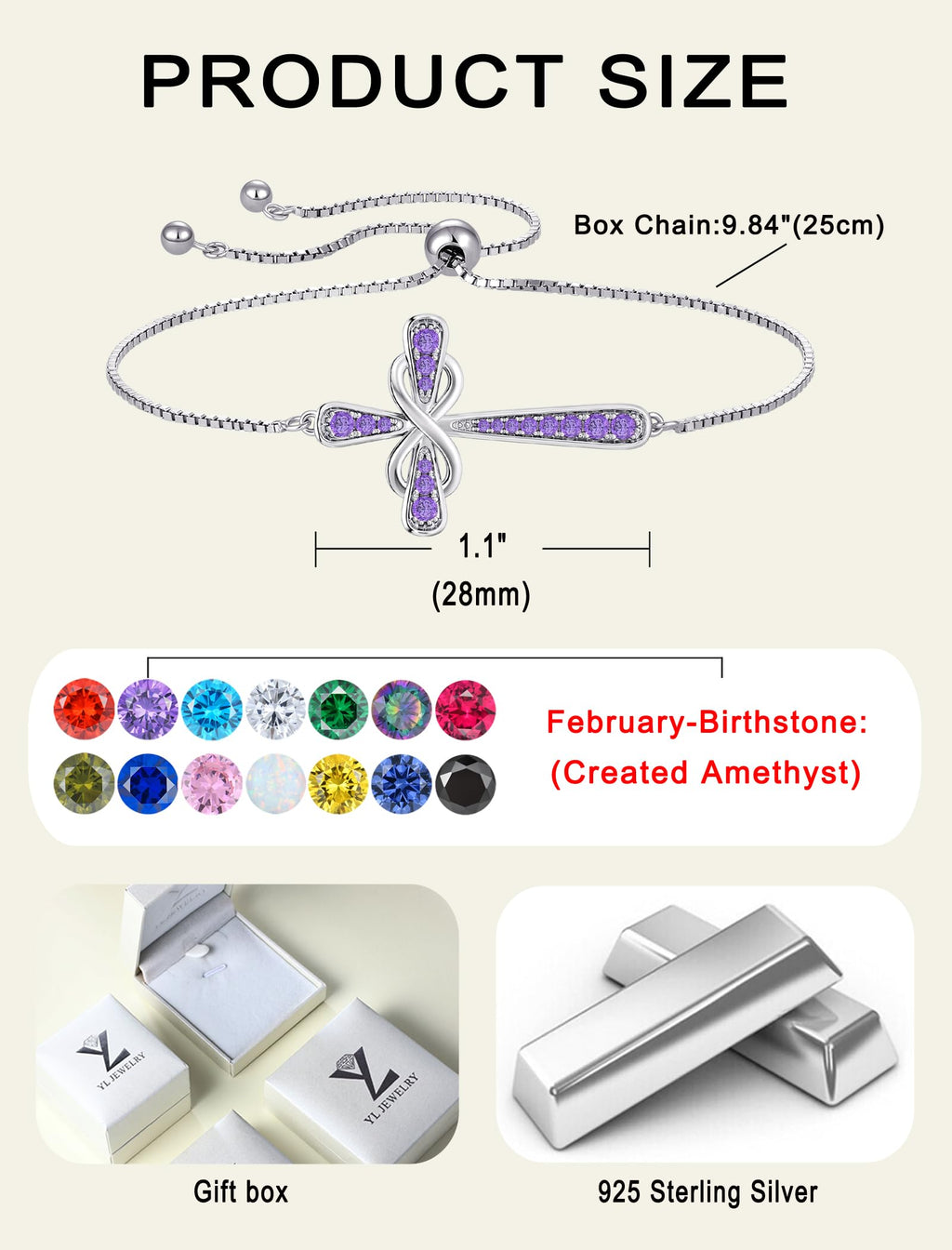 YL Cross Bracelet 925 Sterling Silver Infinity Sideways Link Bracelet Created Amethyst Jewelry for Women