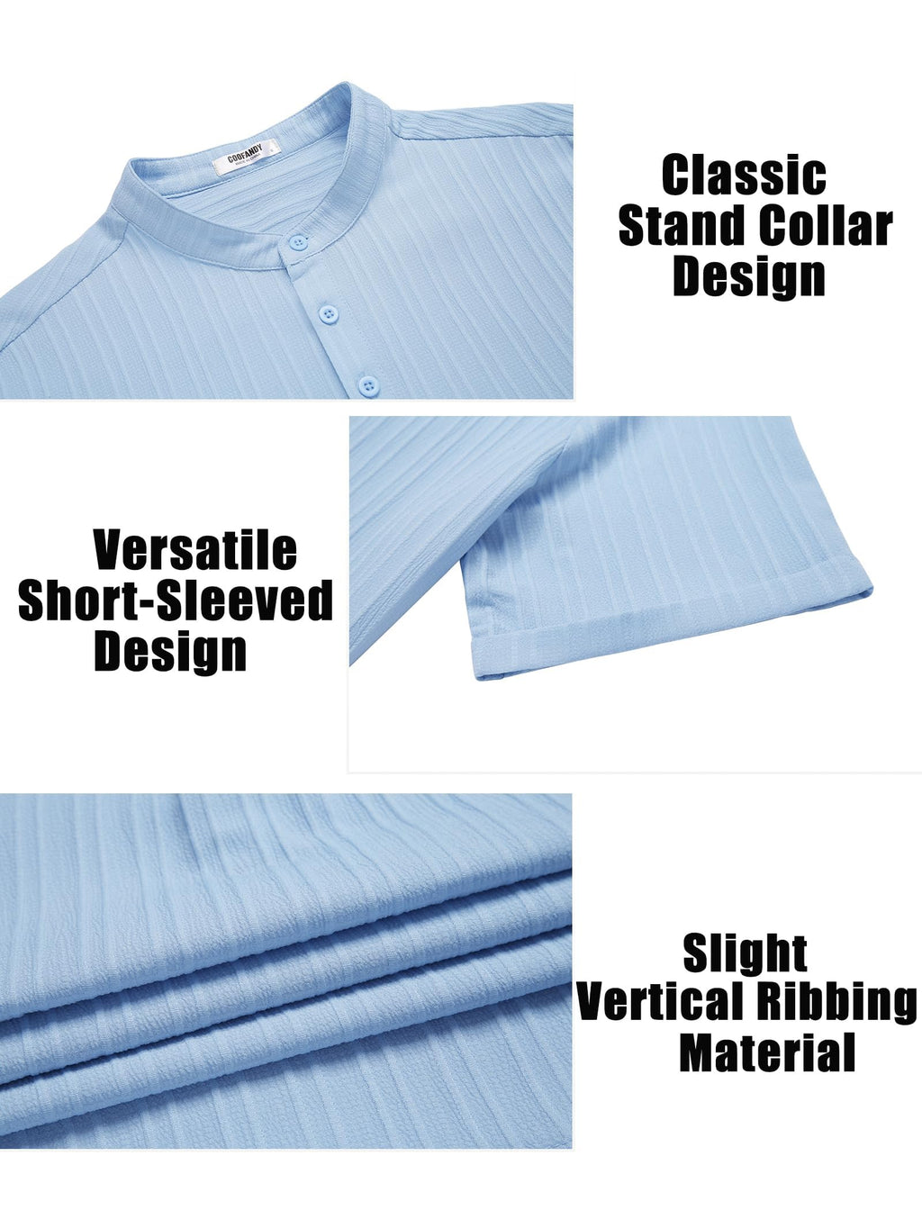 COOFANDY Men's Casual Henley T-Shirt Short Sleeve Summer Beach Linen Hippie Top Light Blue