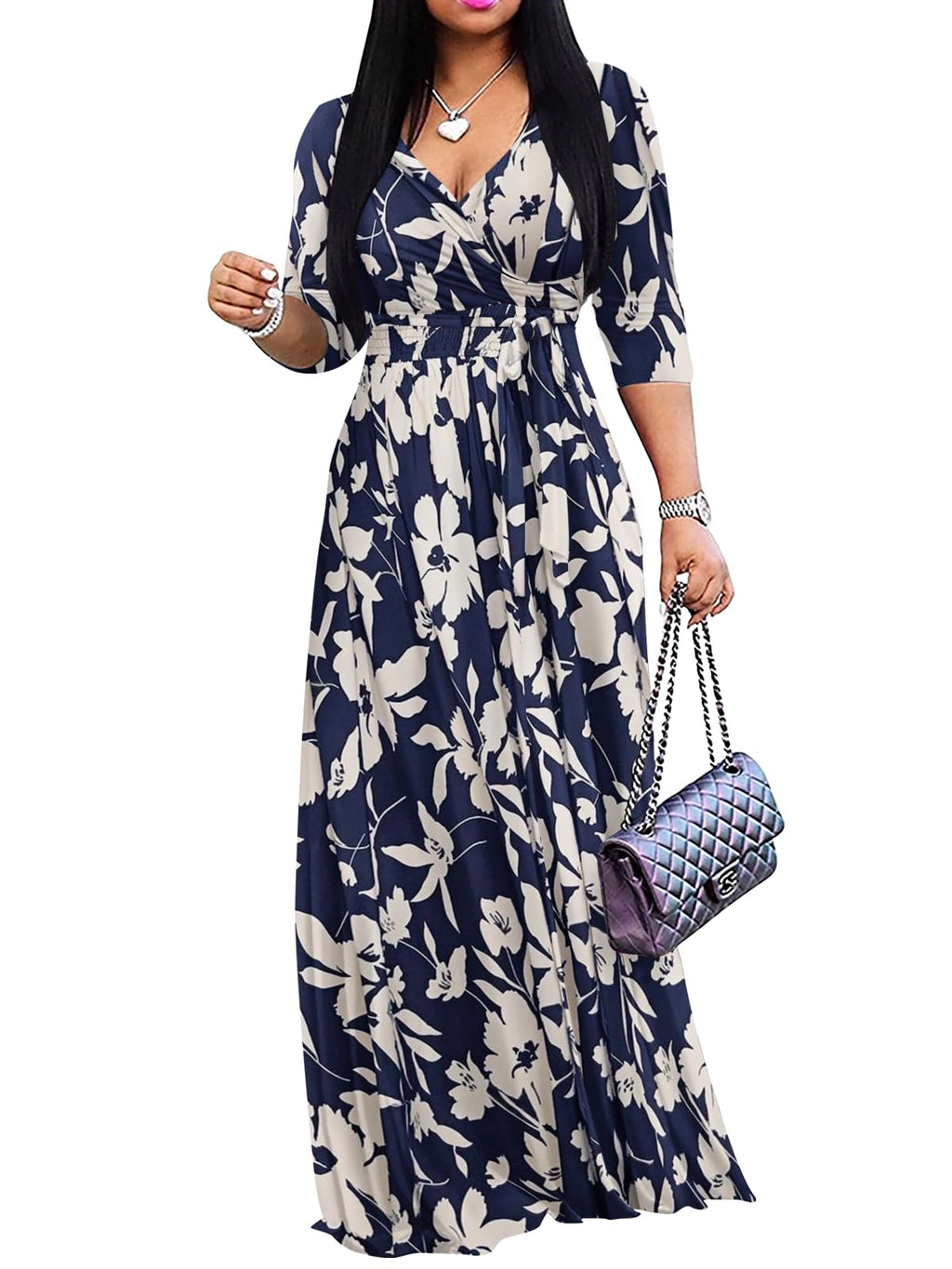 Yajedo Women's Maxi Dress 3/4 Sleeves V Neck Cocktail Party Belted Wrap Sundress Floral Print 3/4 Sleeve Long Maxi Dresses
