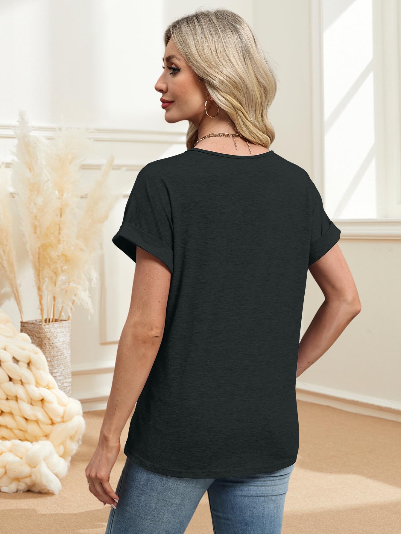 EyMuse 2 PCS Womens T Shirts 2026 Short Sleeve V Neck Dressy Tunic Ladies Tops and Blouses Cute Fit Summer Clothes Fashion Casual Tee Clothing,Black+Grey,L