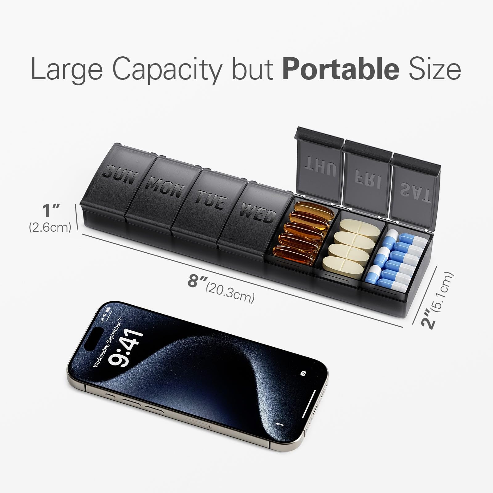 Barhon Pill Organizer Large, Weekly Medicine Pill Organizers, 7 Day Pills Box Case Travel for Big Vitamin Supplements Fish Oil, Black