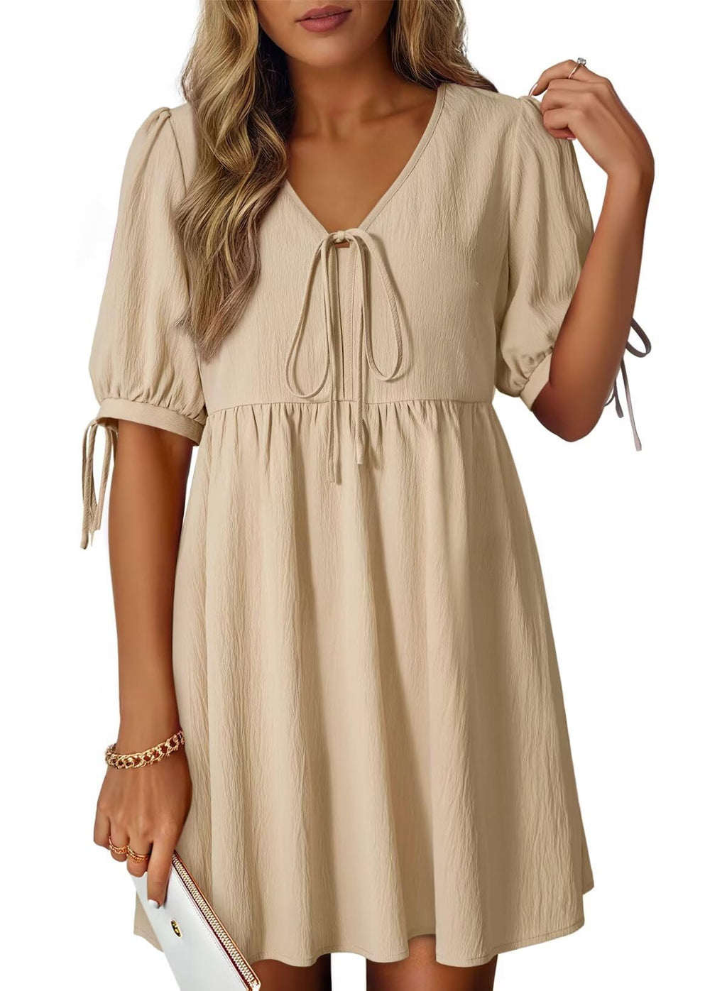 Dokotoo Womens Dresses 2026 Summer Spring V Neck Bow Tie Short Sleeve Empire Waist A-Line Mini Dress Flowy Dresses for Women Apricot XX-Large