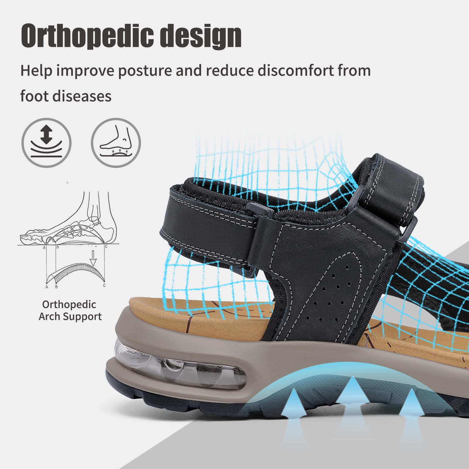 ziitop Men's Athletic Sandals Adjustable Straps Arch Support Air Cushion Durable Hiking Outdoor Non-slip Sandals for Casual Walking