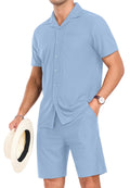 PrinStory Mens Short Sleeve Outfits 2 Piece Summer Beach Button Down Shirts and Shorts Set Tracksuit with Pockets Light Blue-S