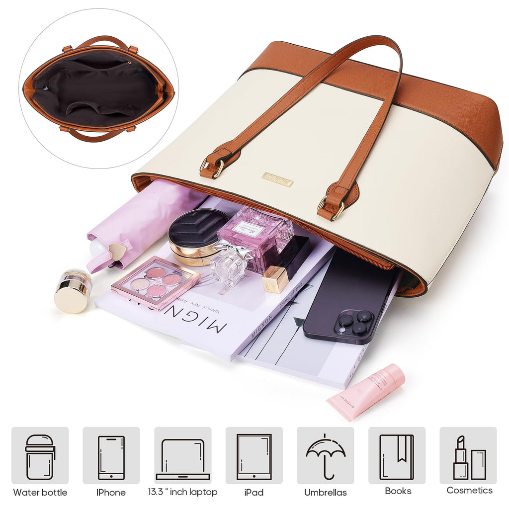 Bagsure Women's Handbag Set, Tote Bag 4pcs, Brown and White Synthetic Leather, Fashion Purse Sets for Work, Shopping, Outdoors