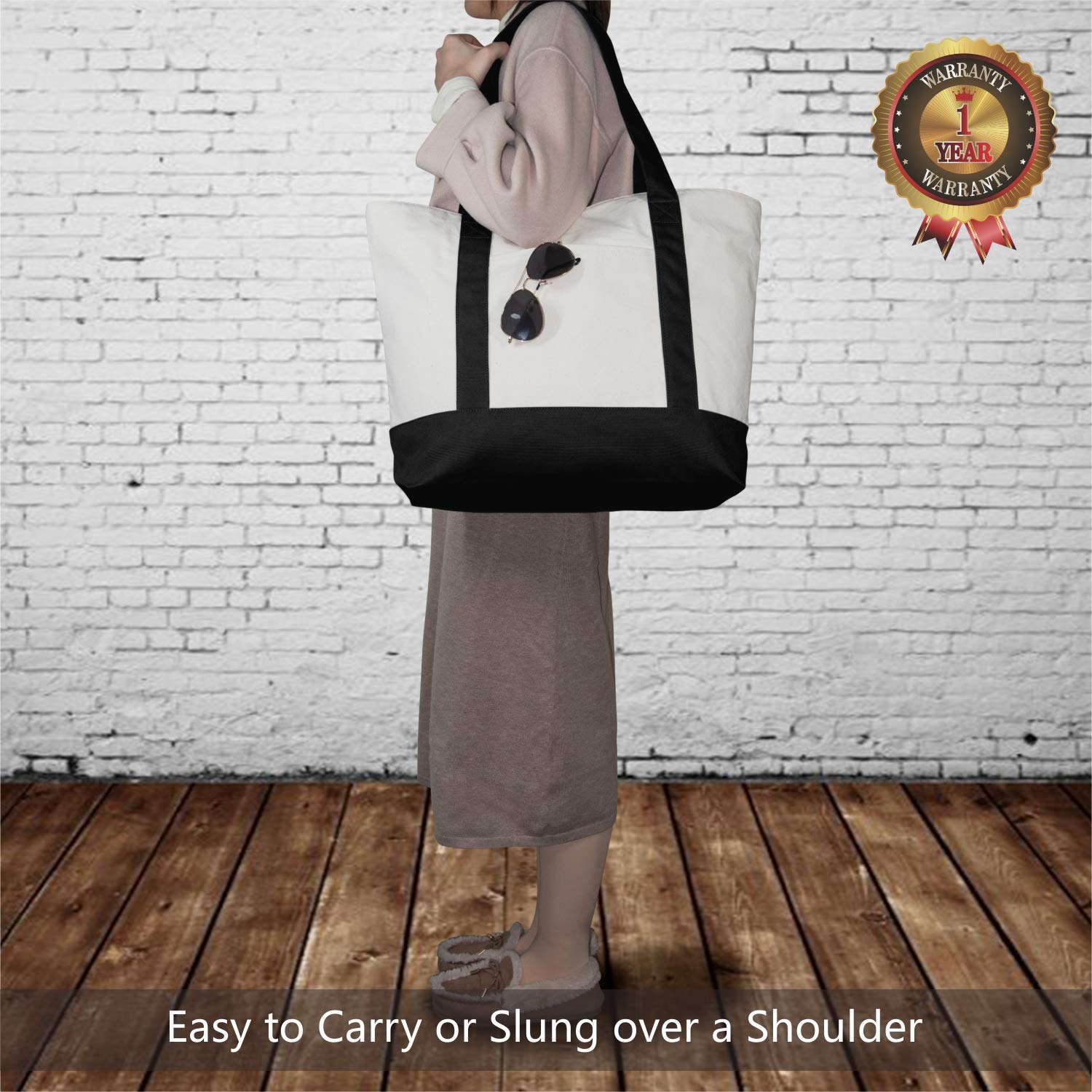 TOPDesign 1 | 3 | 6 | 30 Pack Canvas Tote Bag with an External Pocket, Reusable Grocery Shopping Bag, Top Zipper Closure, Daily Essentials (Black/Natural Pack of 1)