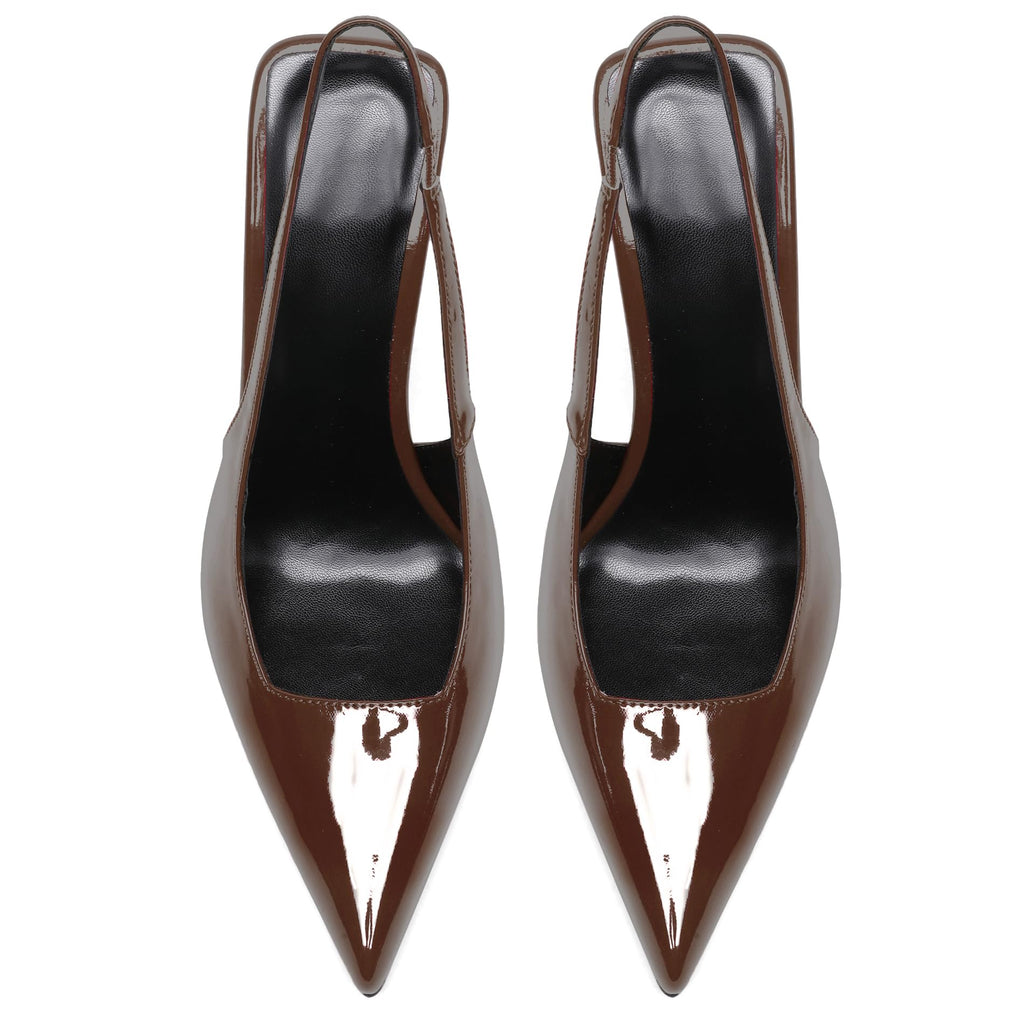Women's Slingback Stiletto High Heels Pointed Toe Slip On Pumps Shoes Patent Leather Stretch Strap Backless Dress Heels Chocolate