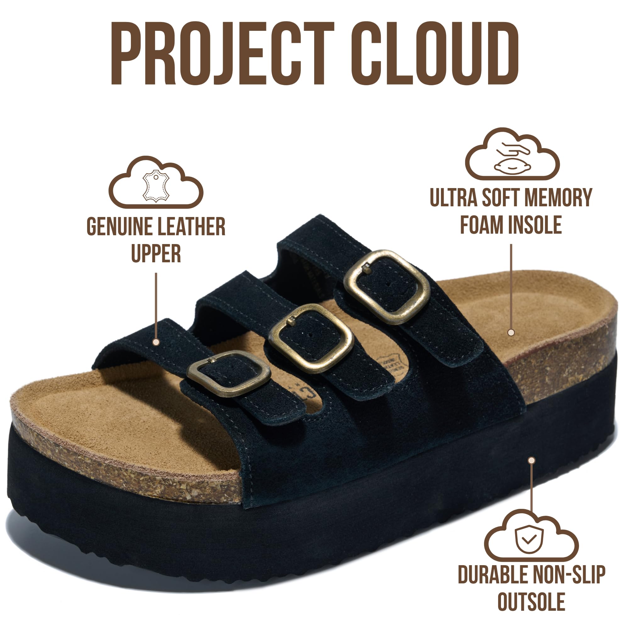 Project Cloud 100% Genuine Leather Platform Sandals Women Footwear - Comfortable Womens Slides Memory Foam Insole - Non Slip Water-Resistant 3-Strap Wedge Sandals for Women 2026 (Dyan, Black, 5.5)