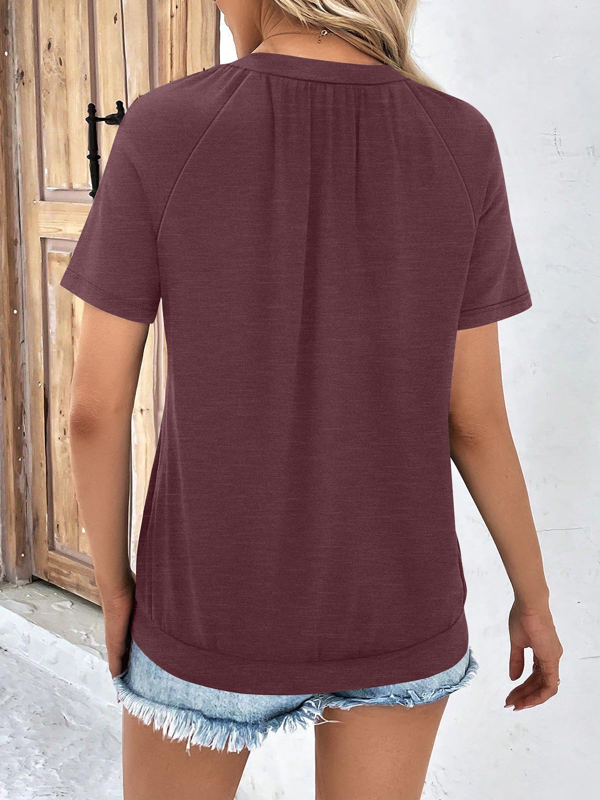 AUTOMET Womens Tops Short Sleeve V Neck T Shirts 2026 Summer Spring Beach Vacation Clothes Casual Loose Ruched Top WineRed L