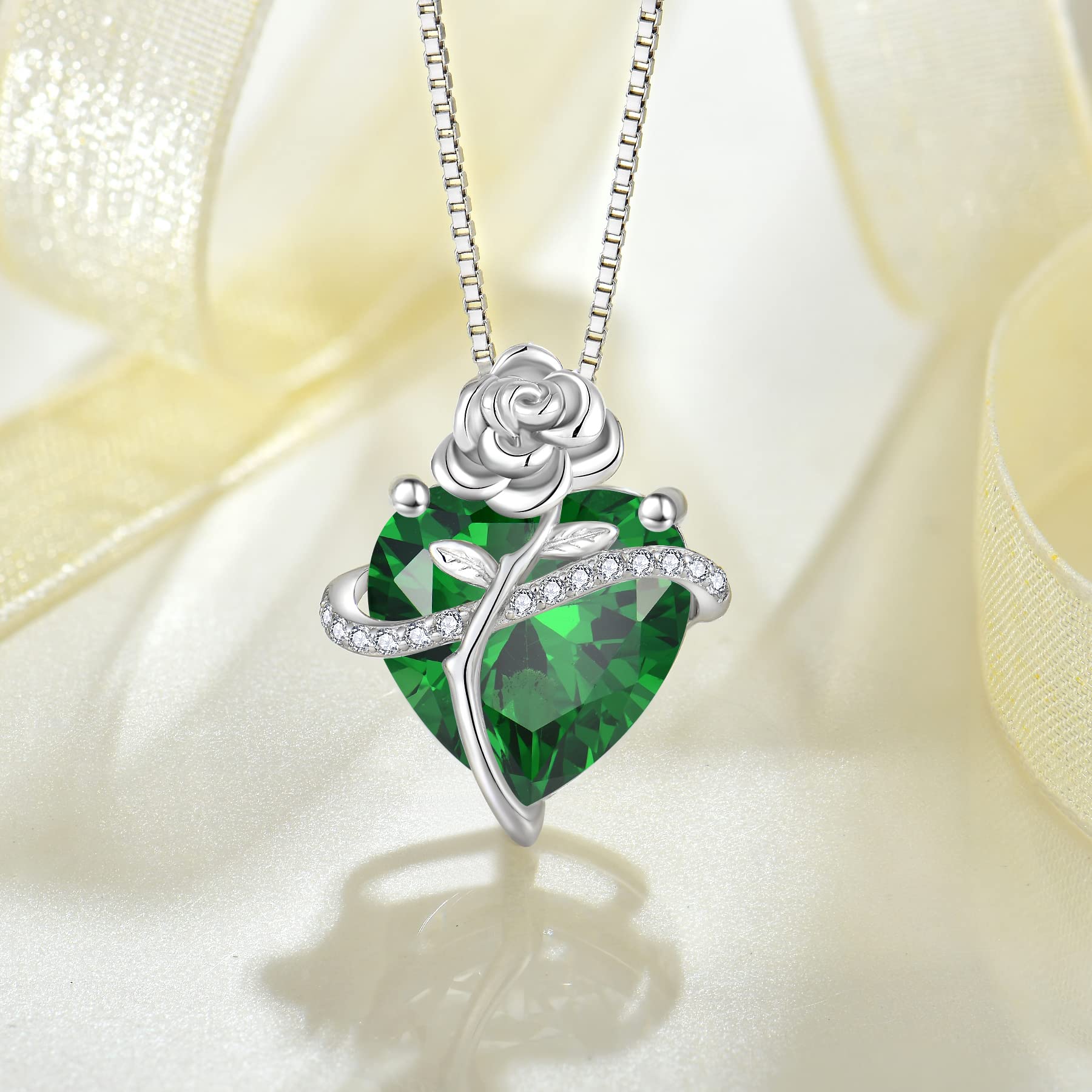 Rocayi Emerald Necklace May Birthstone Necklace for Women 925 Sterling Silver Love Heart Rose Flower Necklace Dainty Jewelry for Women
