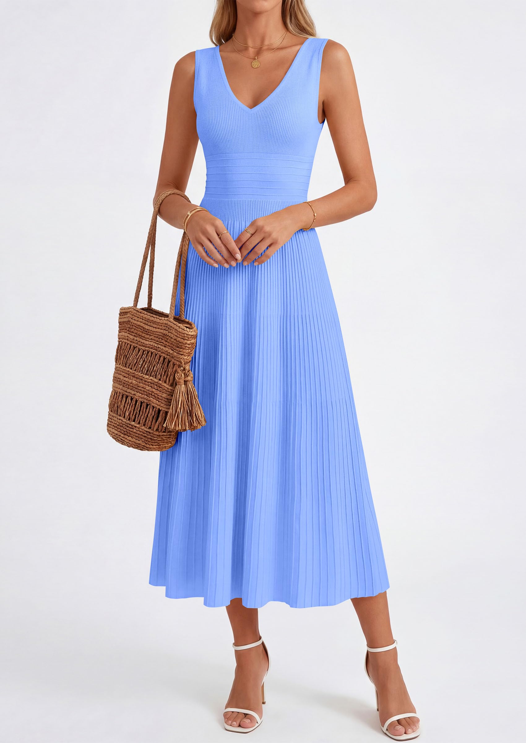 PRETTYGARDEN Summer Dresses for Women 2026 Spring Casual Sleeveless V Neck Pleated Midi Work Cocktail Wedding Guest Dress(Light Blue,Large)