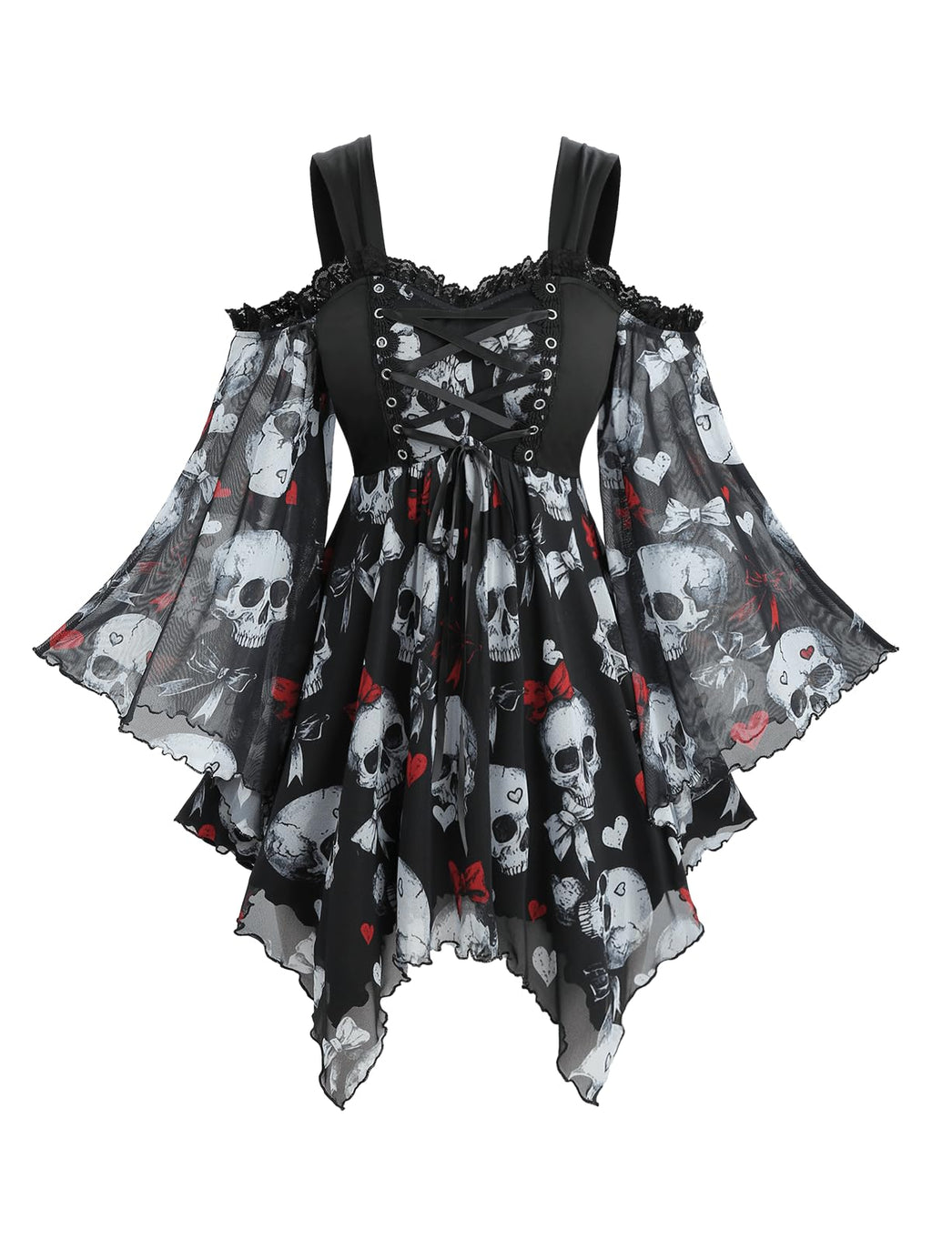 ROSE GAL Plus Size Women Halloween Costume T-Shirt Gothic Top Skull Bowknot Print Mesh Lace Up Bell Sleeve Handkerchief Hem Cold Shoulder Top(Black/1X)