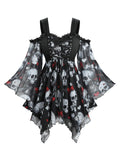 ROSE GAL Plus Size Women Halloween Costume T-Shirt Gothic Top Skull Bowknot Print Mesh Lace Up Bell Sleeve Handkerchief Hem Cold Shoulder Top(Black/1X)
