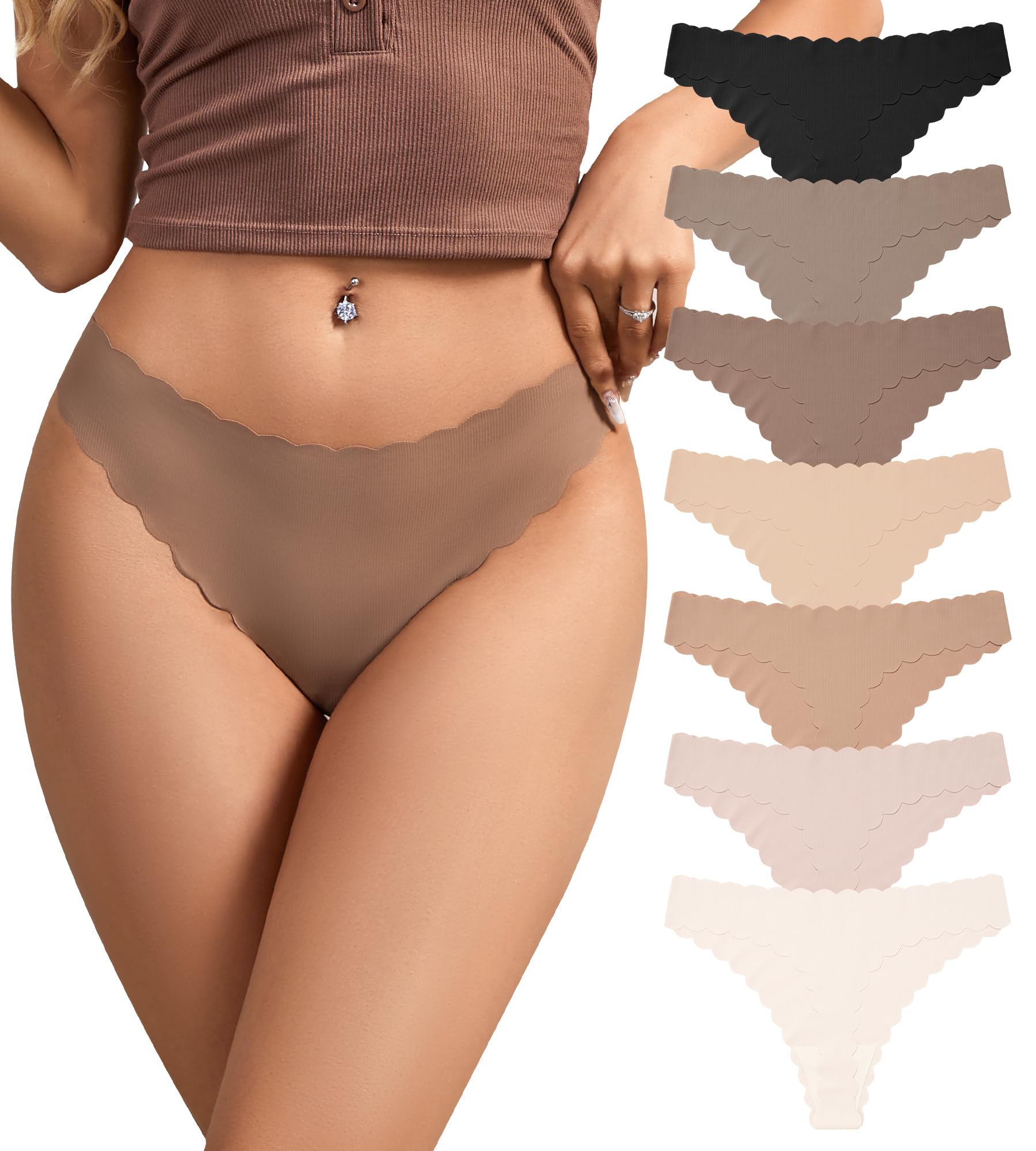 SHARICCA Womens Seamless Thongs No Show Underwear Soft Ribbed Invisible Panties Wave Edge Multi Pack,7P01,M