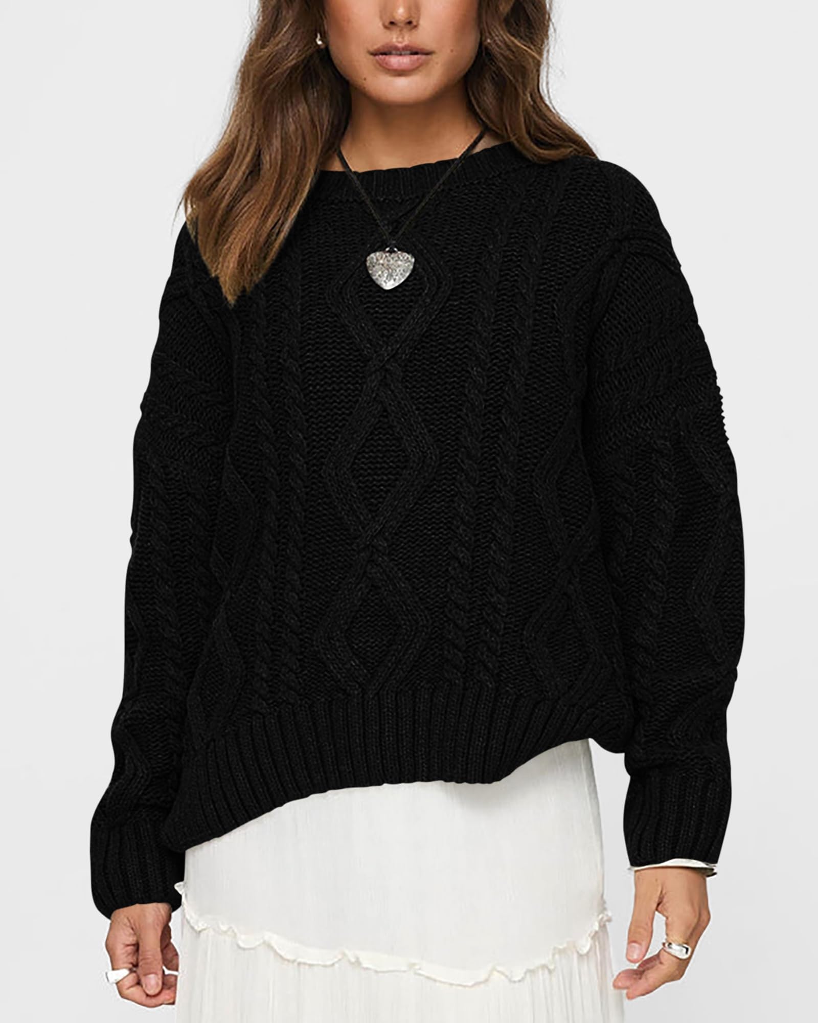 BTFBM Casual Women Long Sleeve Sweater 2025 Fall Ribbed Knit Pullover Loose Crewneck Cable Sweater Jumper Tops(Black,Medium)