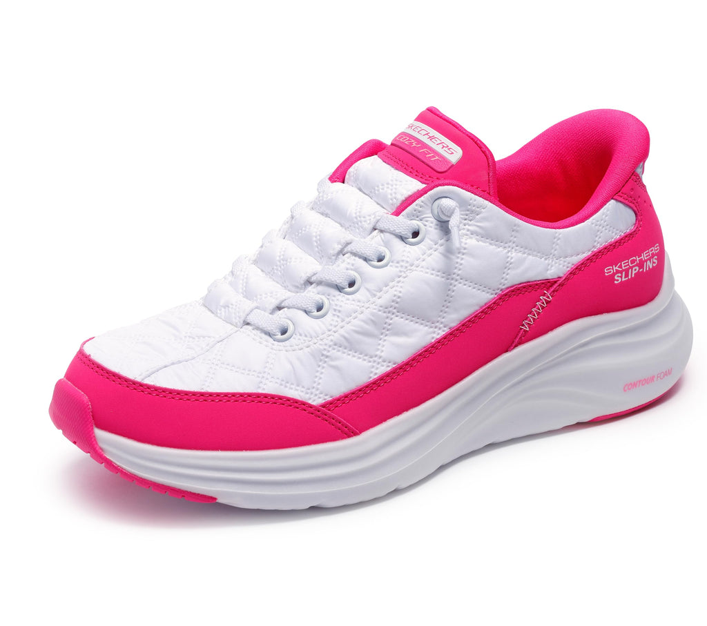 Skechers Women's Contour Foam Hands Free Slip-Ins, White/Hot Pink, 7.5