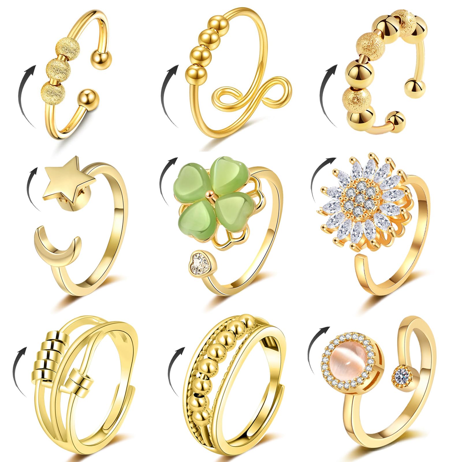 LOWNOUR Fidget Ring Anxiety Rings for Women Gold 9pcs Adjustable Spinner Ring CZ Diamond Sunflower Moon Star Four Leaf Heart Bead Fidget Rings for Anxiety Stress Relief for Women